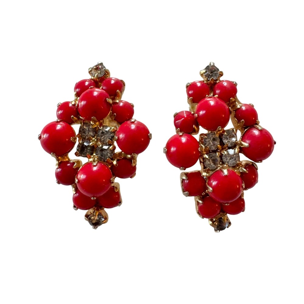 Vintage 1960s Red Cabochon Rhinestone Screw Back Earrings Gold Tone Cluster